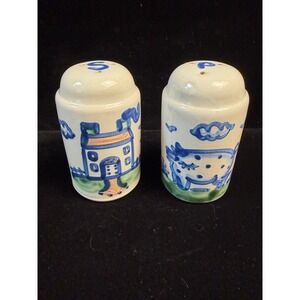 M.A. Hadley Salt and Pepper Shakers Hand Painted Blue White Stoneware Cow House